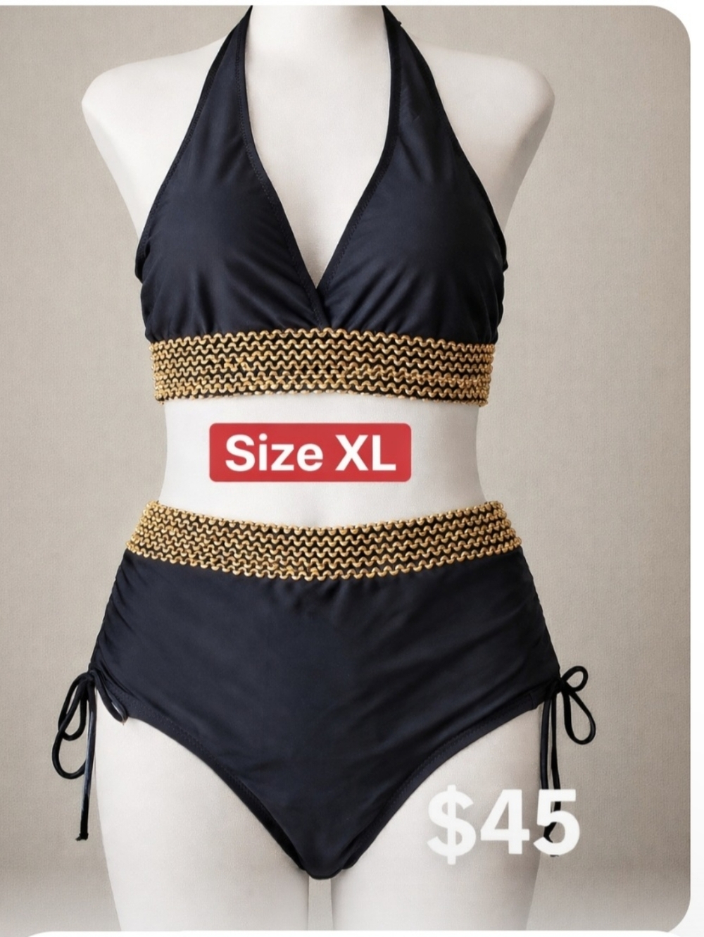 Black Halter Bikini Set with Gold Trim